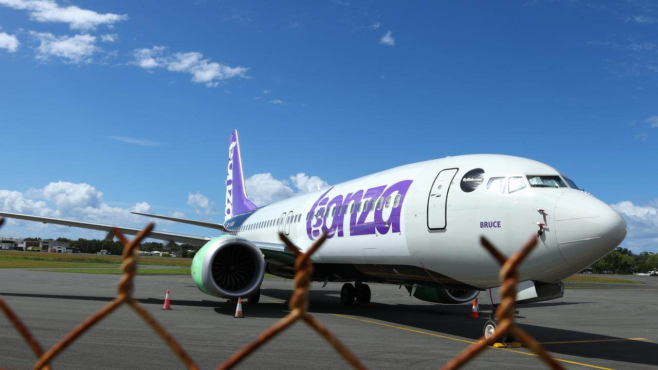 A Flair plane that was then sent to Bonza with it’s Flair livery still visible on the engines. Picture Lachie Millard