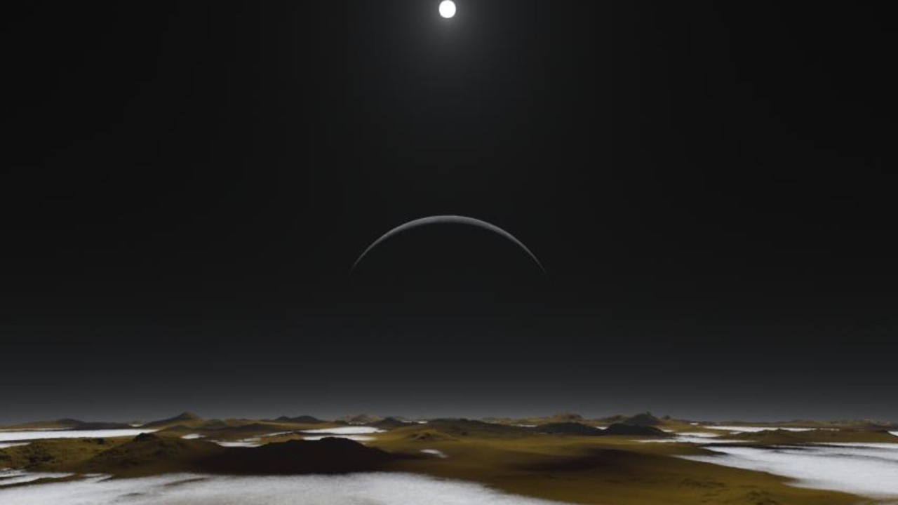 This artist's concept of the famously frosty surface of Pluto with Charon – Pluto’s largest of five moons – and our Sun as backdrops illustrates that while sunlight is much weaker than it is here on Earth, it isn't as dark as you might expect. Picture: NASA.