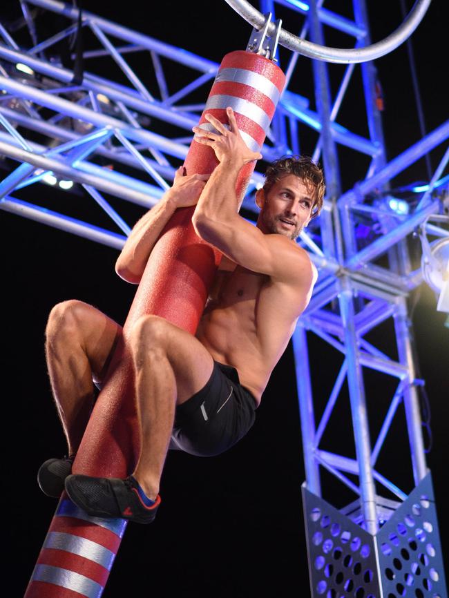 Tim Robards tackles the Ninja Warrior course. Picture: Channel 9