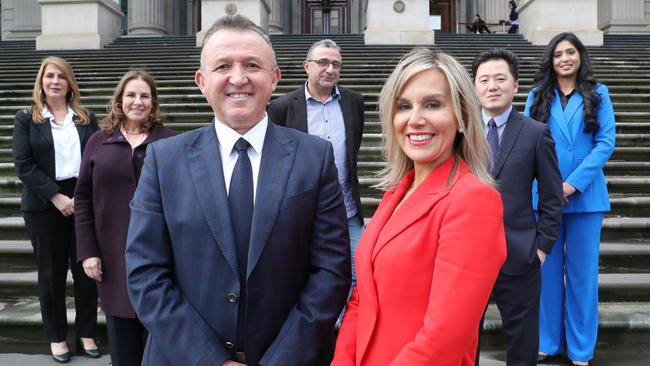 The Victorians party candidates Helen Pavlidis, Joanne Tadmore, Oscar Yildiz, Gabriel Rossignolo, Ingrid Maynard, Philip Le Liu and Shwetali Sawant. Picture: David Crosling