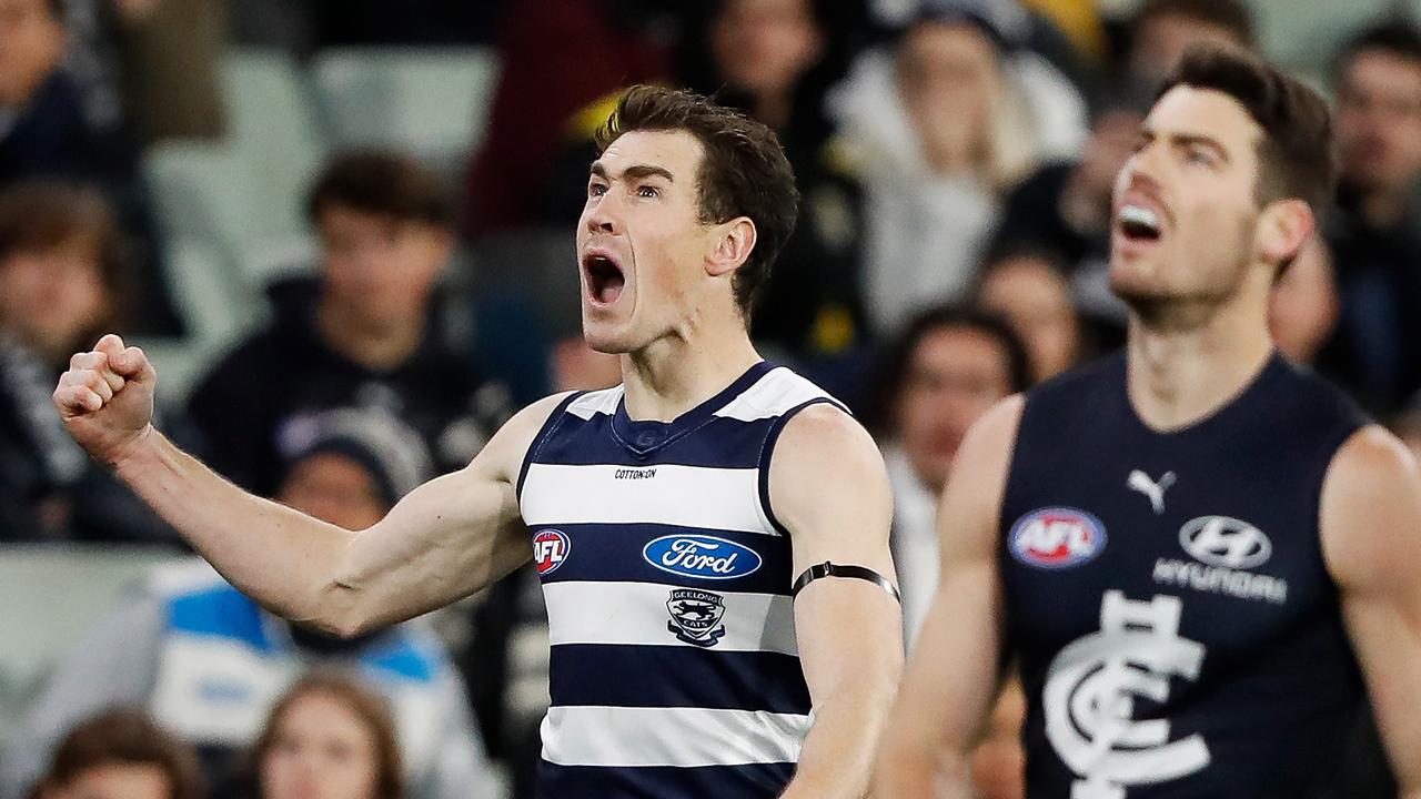 MELBOURNE, AUSTRALIA - JULY 16: Jeremy Cameron of the Cats celebrates a goal during the 2022 AFL Round 18 match between the Carlton Blues and the Geelong Cats at the Melbourne Cricket Ground on July 16, 2022 in Melbourne, Australia. (Photo by Dylan Burns/AFL Photos via Getty Images)