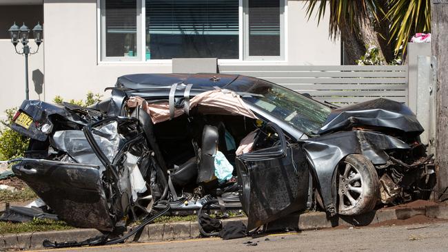 The mangled Honda Accord was carrying four young people and the driver on Stoney Creek Rd in Beverly Hills where it struck a power pole. Picture: Julian Andrews