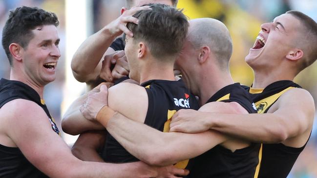 Tigers players celebrate winning after the 2023 SANFL Grand Final between Sturt and Glenelg at Adelaide Oval in Adelaide, Sunday, September 24, 2023. (SANFL Image/David Mariuz)