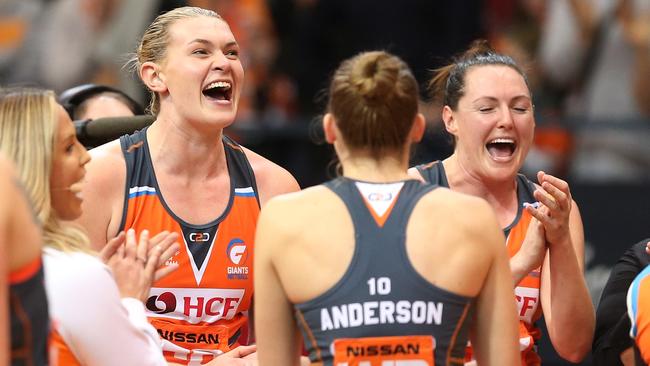 Kristina Brice and Sam Poolman celebrate after the Minor Semi-Final Super Netball match between Giants Netball and Magpies Netball at the Sydney Olympic Park Sports Centre. Pic: AAP