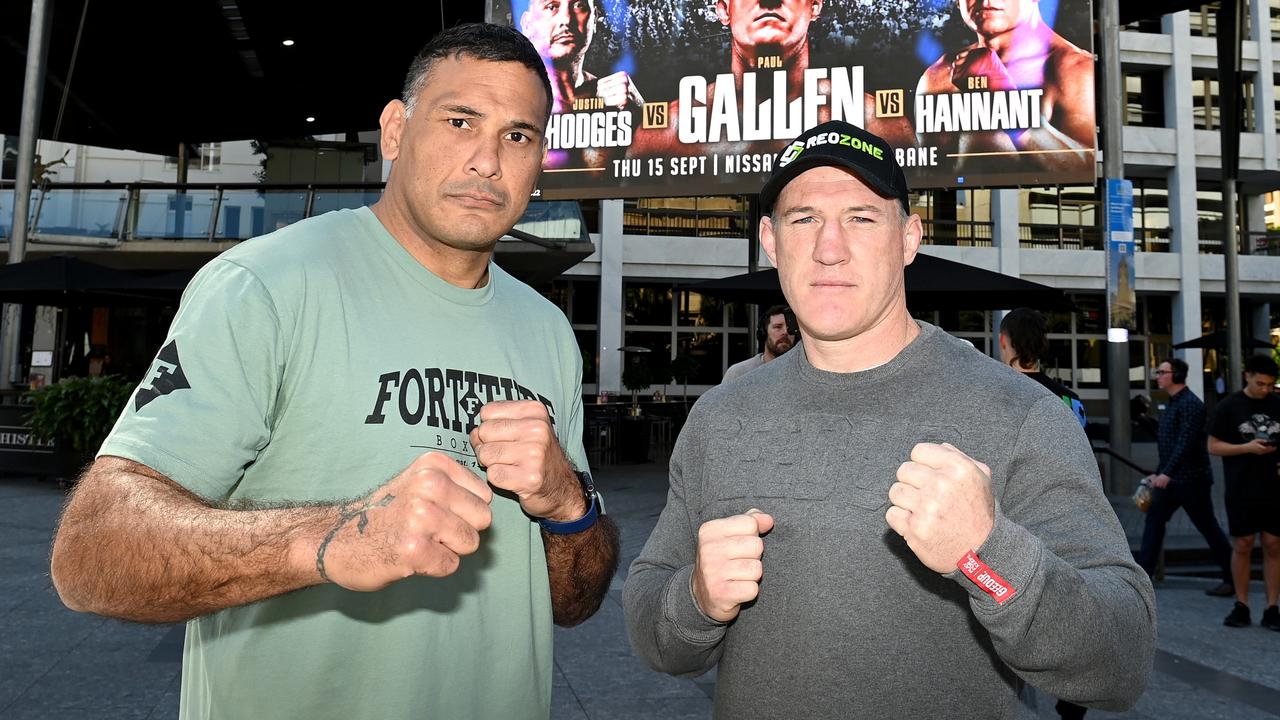 Paul Gallen and Justin Hodges pose for a photo during a No Limit Boxing Open Day at King George Square on August 17, 2022 in Brisbane, Australia. (Photo by Bradley Kanaris/Getty Images)