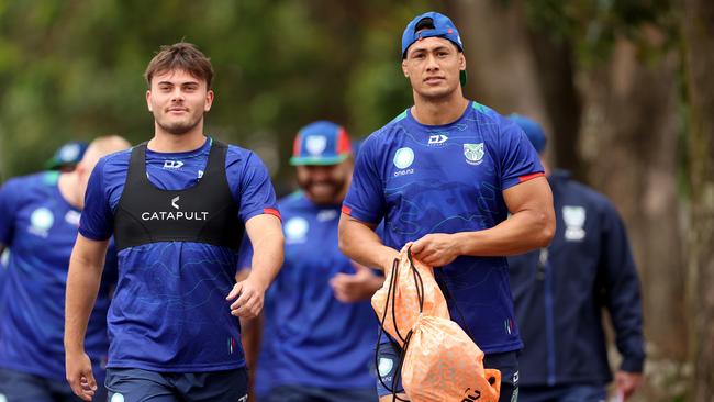 Roger Tuivasa-Sheck, pictured next to Tom Summer, is back in Warriors colours. Picture: Phil Walter/Getty Images