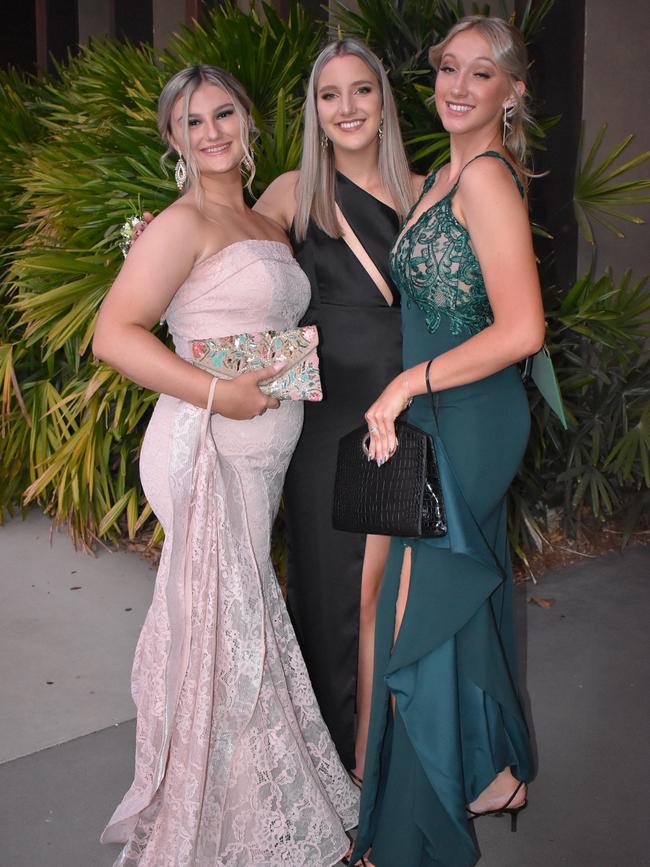 Lara Windsor, Hannah Caldow and Mynayha Hunt at the Mackay North State High School Year 12 formal at the Mackay Entertainment and Convention Centre, Saturday November 21, 2020. Picture: Heidi Petith