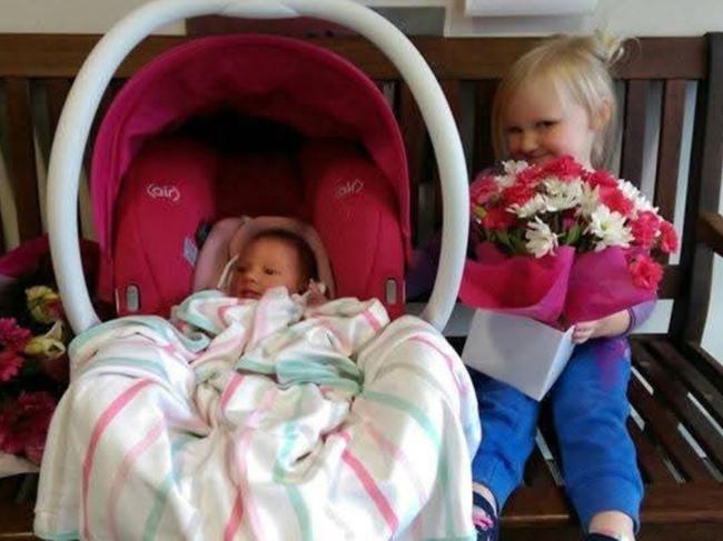 Poppy born at HPH in 2012 (waiting in the foyer for Dad to bring the car around) with new baby sister Frankie born in 2015. Deliver for Tassie Mums campaign. Picture: Jessica Whelan