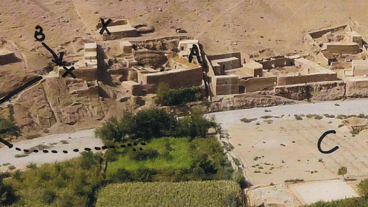 High resolution photos of the Afghan village of Darwan, which was raided in 2012 by the SAS. Mr Roberts-Smith denies kicking unarmed farmer Ali Jan down a cliff face in the village, as alleged by Nine newspapers., Mr Roberts-Smith marked up the photograph during his evidence with black marker to show points and paths navigated by his troop.