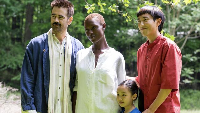 Colin Farrell with After Yang castmates Jodie Turner-Smith, Malea Emma Tjandrawidjaja and Justin H. Min, as Yang.