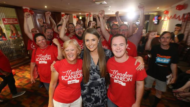 Meaghan Scanlon with her mother Margaret Scanlon, brother Callum, 21, and supporters at her election night party at Parkwood. Picture: Mike Batterham.