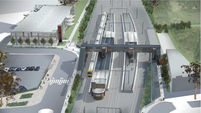 An artist’s impression of Rooty Hill station following construction of a commuter car park, pedestrian footbridge and lifts.