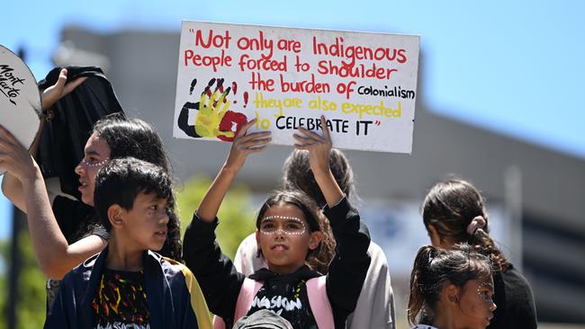 Kaurna Yarta: Protesters are seen at the Survival Day march in Tarntanyangga (Victoria Square). Picture: NCA NewsWire/Morgan Sette