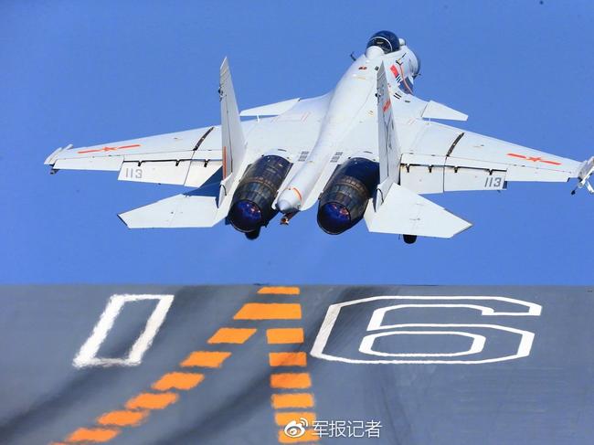 A J-15 fighter jet launches from the Chinese aircraft carrier Liaoning