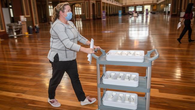 Phase 1B COVID-19 vaccination rollout began inside the historic Royal Exhibition Building. Picture: Jason Edwards