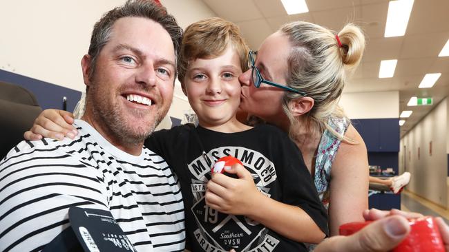 Eight year old Gold Coast boy Kobi McDonald was born with a rare genetic blood disorder with his mum Rebecca and Dad Nigel at the Red Cross Blood Centre Robina. Photograph: Jason O'Brien