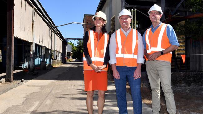 Northern Rail Yards site along Flinders Street, Townsville. Townsville Enterprise CEO Claudia Brumme-Smith, Premier Steven Miles and Treasurer Cameron Dick. Picture: Evan Morgan