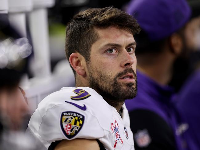 HOUSTON, TEXAS - DECEMBER 25: Justin Tucker #9 of the Baltimore Ravens sits on the bench in the second half against the Houston Texans at NRG Stadium on December 25, 2024 in Houston, Texas. (Photo by Tim Warner/Getty Images)