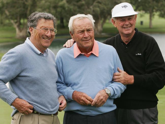 Golf legends Peter Thomson (left), Arnold Palmer and Bruce Devlin after an exhibition round before the start of the Hillross Australian Open at the Australian Golf Club in Sydney, in November 2004. Picture: Getty Images