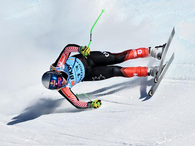 James Crawford of Canada recovers from a spill in the Men’s Downhill at FIS Alpine Skiing World Cup in Switzerland. Picture: Marco Bertorello/AFP