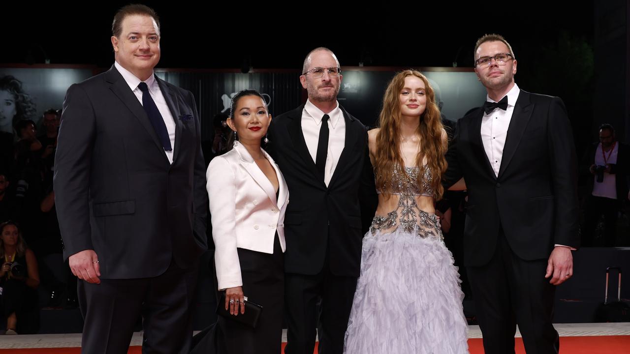 The Whale cast: Brendan Fraser, Hong Chau, director Darren Aronofsky, Sadie Sink and author of the original play Samuel D. Hunter. Picture: John Phillips/Getty Images