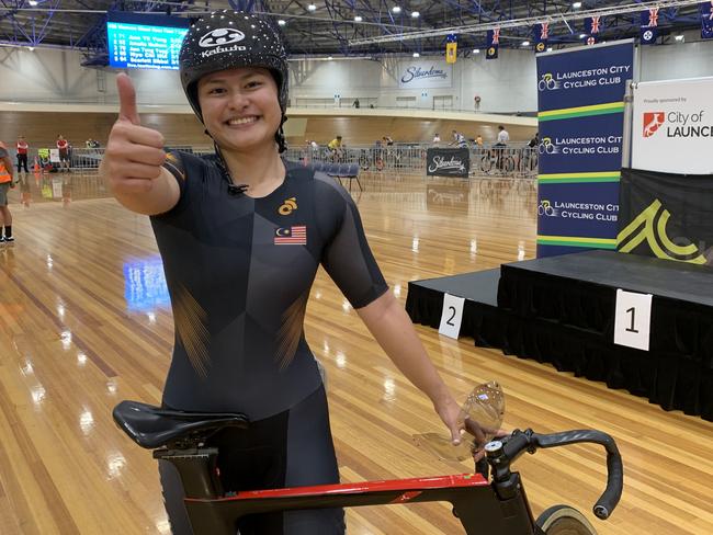 Malaysia's Ann Yii Yong is all smiles after her Launceston Wheelrace win on Thursday night. Picture: Jon Tuxworth