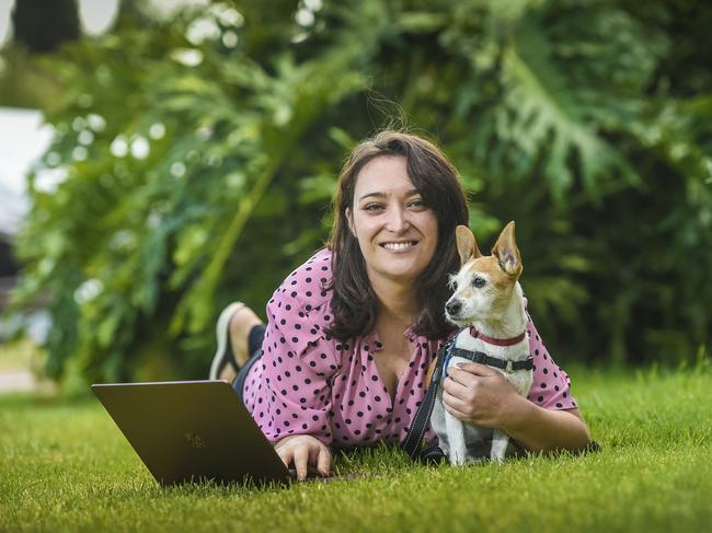 Dog sales online.University of Adelaide researcher Ana Goncalves Costa at home with her pet dog, Nina. Her published research into "Regulatory Compliance in Online Dog Advertisements in Australia" particularly in light of the boom in sales around COVID-19.Tuesday  March 31 2020.PIC Roy VanDerVegt