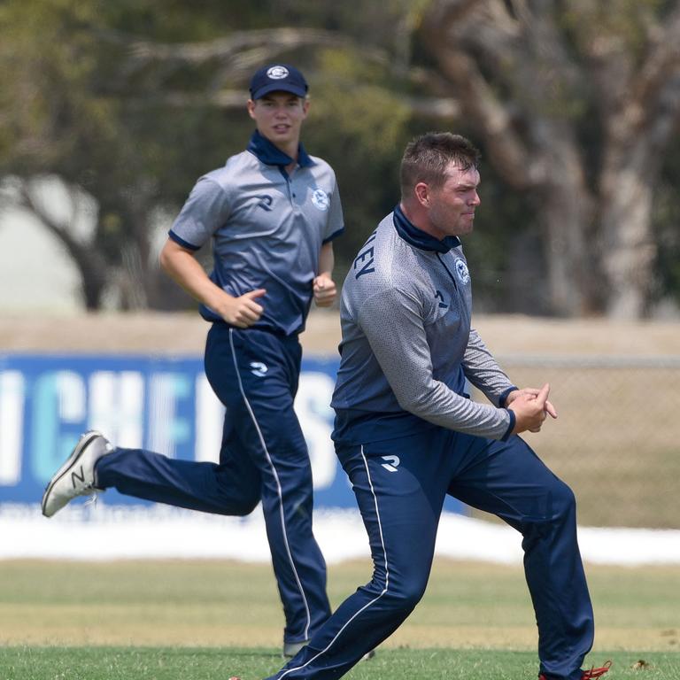 Kookaburra Cup cricket - top-of-the-table clash between Broadbeach Robina and Mudgeeraba Nerang at Broadbeach Sports and Recreation Centre. Broadbeach Robinas Kyle Brockley takes a wicket. (Photo/Steve Holland)