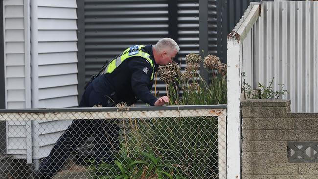 Police searching gardens in Bellerine Street, South Geelong on Wednesday morning. A 73-year-old was walking home along Mundy St on Tuesday evening around 6pm she got to the Bellarine St corner, a man attacked her from behind and stabbed her multiple times. Picture: Alan Barber