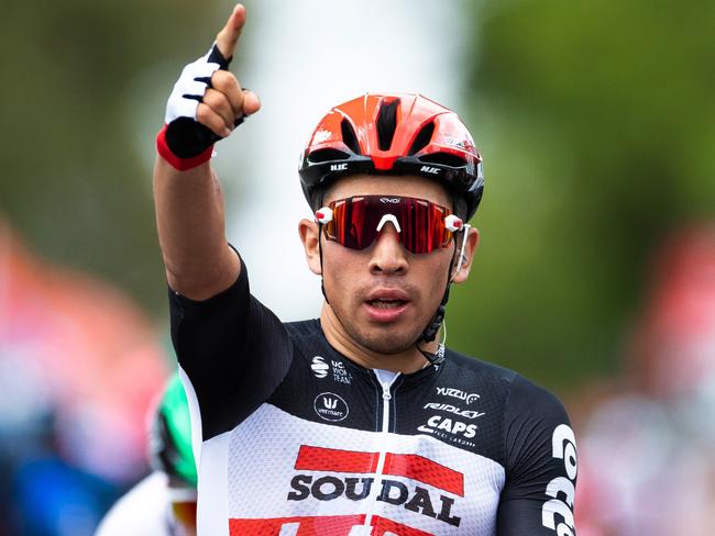 MURRAY BRIDGE, AUSTRALIA - JANUARY 24: Arrival / Caleb Ewan of Australia and Team Lotto-Soudal / Celebration / during the 22nd Santos Tour Down Under 2020, Stage 4 a 152,8km stage from Norwood to Murray Bridge / TDU / @tourdownunder / #UCIWT / on January 24, 2020 in Murray Bridge, Australia. (Photo by Daniel Kalisz/Getty Images)