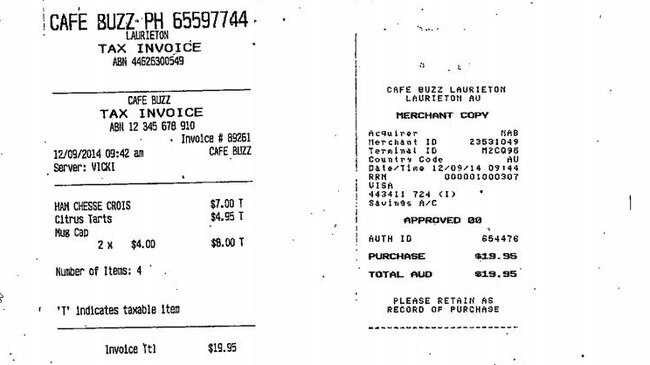 Receipts from The Buzz Cafe on the day of William Tyrrell’s disappearance. Picture: Supplied