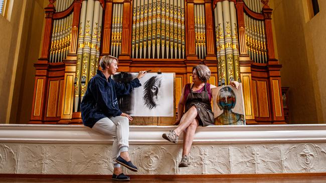 Artists Renee de Saxe and Vicki Rochau, with the Hill &amp; Son Grand Organ at the Barossa Regional Gallery, Tanunda. Picture: Matt Turner