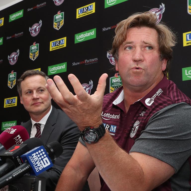 (L-R) Manly Chairman Scott Penn Chairman has given Des Hasler his final warning. Picture: Brett Costello