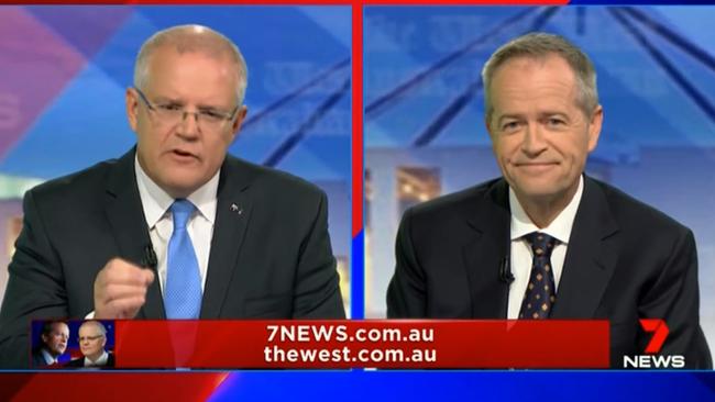 Scott Morrison and Bill Shorten during the first leaders forum. Picture: 7 News