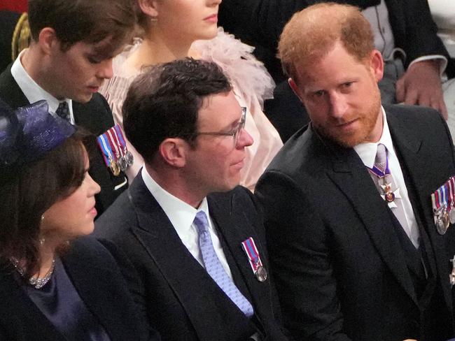 Harry sat with Jack and Eugenie at the coronation in May. Picture: Aaron Chown/Pool/AFP