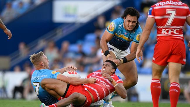 Dragons enforcer Jaydn Su’A was unhappy with Tino Fa’asuamaleaui’s rough treatment of Sloan. Picture: NRL Imagery