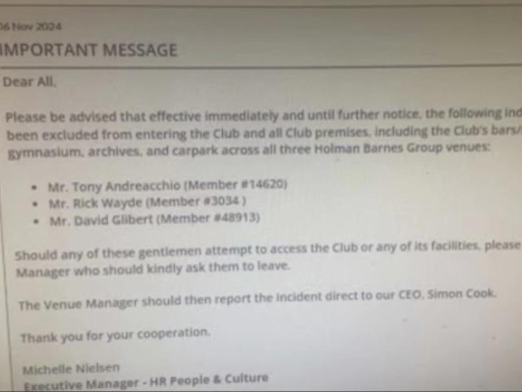 Email listing Wests Tigers board members banned from Holman Barnes-operated venues.