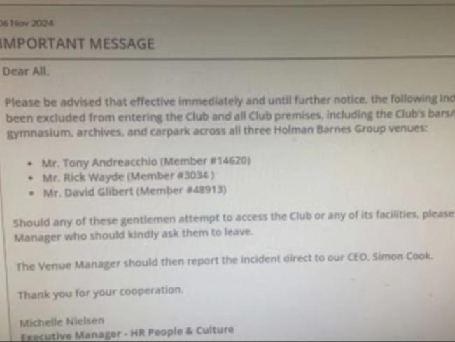 Email listing Wests Tigers board members banned from Holman Barnes-operated venues.