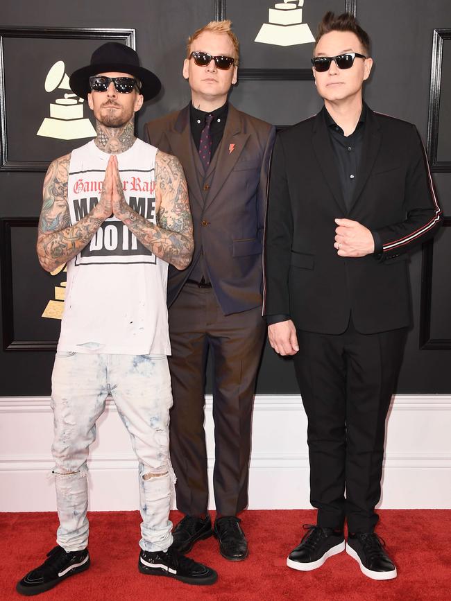 Travis Barker, Mark Hoppus, and Matt Skiba of blink-182 attends The 59th GRAMMY Awards at STAPLES Center on February 12, 2017 in Los Angeles, California. Picture: AFP