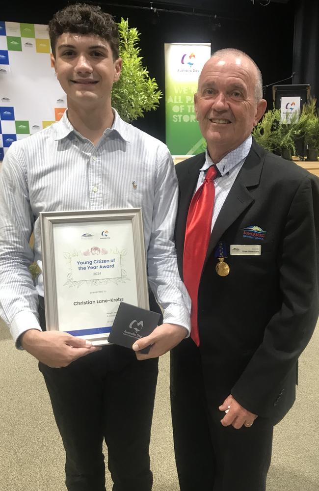 Vince Habermann (right) will run for re-election for Division 7 of the Bundaberg council. Pictured with Australia Day Youth Citizen of the Year Christian Lane-Krebs (left).