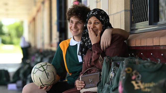 After a seven-year odyssey, Shahradaz Haseera and her 14-year-old son Nidal have found safe refuge in Brisbane. Picture: Lyndon Mechielsen