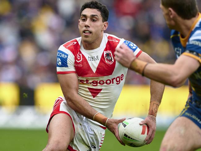 SYDNEY, AUSTRALIA - AUGUST 06: Tyrell Sloan of the Dragons runs the ball during the round 23 NRL match between Parramatta Eels and St George Illawarra Dragons at CommBank Stadium on August 06, 2023 in Sydney, Australia. (Photo by Brett Hemmings/Getty Images)