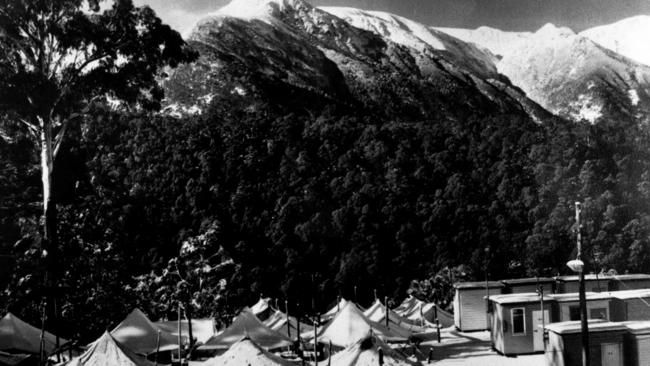 Early accommodation for the workers consisting of tents as work on the Snowy Mountain Hydro Electric Scheme continues, in this circa 1952.  Picture: Peter Luck Productions