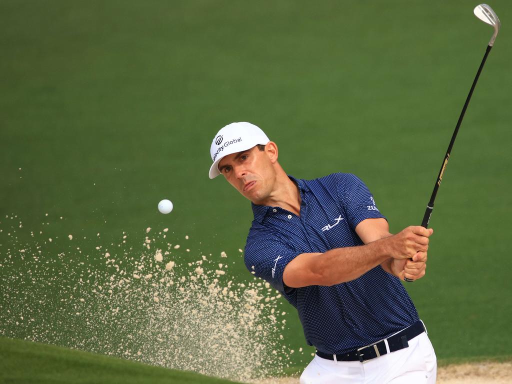 AUGUSTA, GEORGIA - APRIL 10: Billy Horschel of the United States plays a shot from a bunker on the second hole during the third round of the Masters at Augusta National Golf Club on April 10, 2021 in Augusta, Georgia. Mike Ehrmann/Getty Images/AFP == FOR NEWSPAPERS, INTERNET, TELCOS &amp; TELEVISION USE ONLY ==