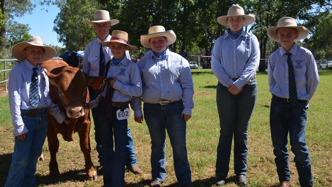 CATTLE TEAM: KSHS students Toby Lane, Hannah Needer, Abby Nowland, Emily Kavanagh and Caine Wright with parent Dennis Needer at the Proston Show on March 7, 2020. (Photo: Jessica McGrath)