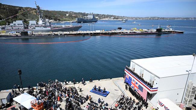 US President Joe Biden, British Prime Minister Rishi Sunak and Anthony Albanese hold a press conference during the AUKUS summit at Naval Base Point Loma in San Diego, California. Picture: Jim Watson/AFP