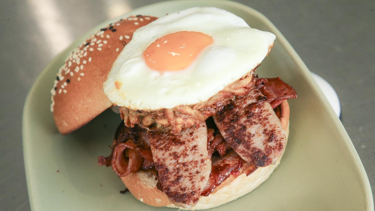 The Brekkie Burger at Harvest Foodhouse. Picture: Glenn Campbell