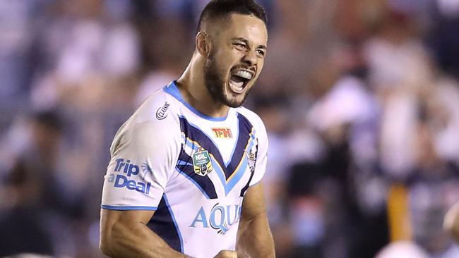 Jarryd Hayne celebrates in his first match back from injury over the weekend.