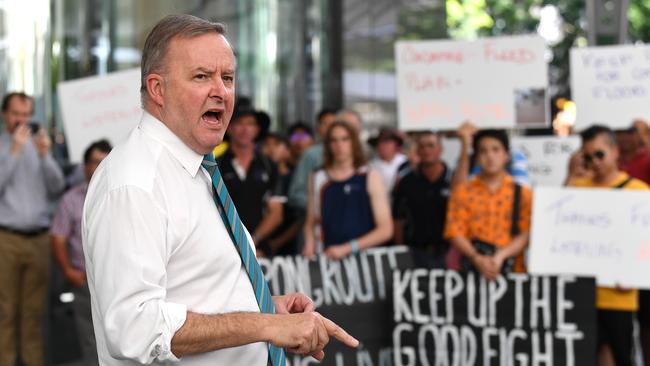 Federal Opposition Leader Anthony Albanese: “You don’t build railway lines where they’re going to get flooded out and where the lines are going to be cut.” Picture: AAP Image/Dan Peled