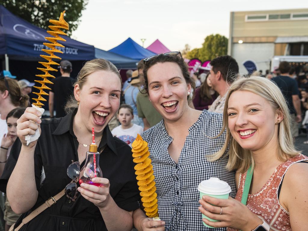 At Twilight Eats at the Windmills are (from left) Louise Wagner, Belinda Groves and Laetitia Richards, Saturday, November 18, 2023. Picture: Kevin Farmer